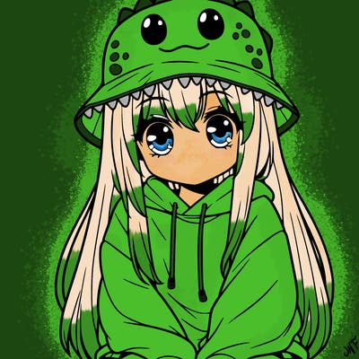 girl with anime shaped eyes with a dinosaur bucket hat oversized sweatshirt long straight hair