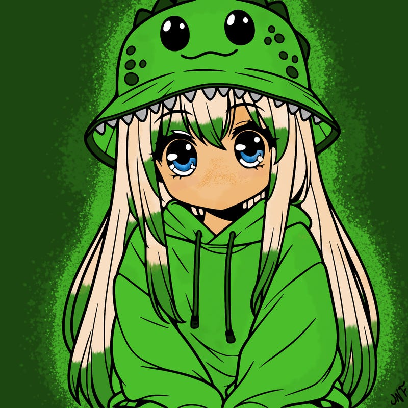 girl with anime shaped eyes with a dinosaur bucket hat oversized sweatshirt long straight hair