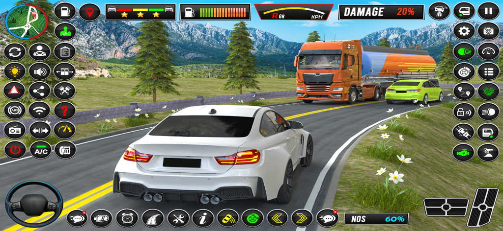 School Driving: Car Simulator - A white car driving on a mountain road with a tanker truck in School Driving Car Simulator