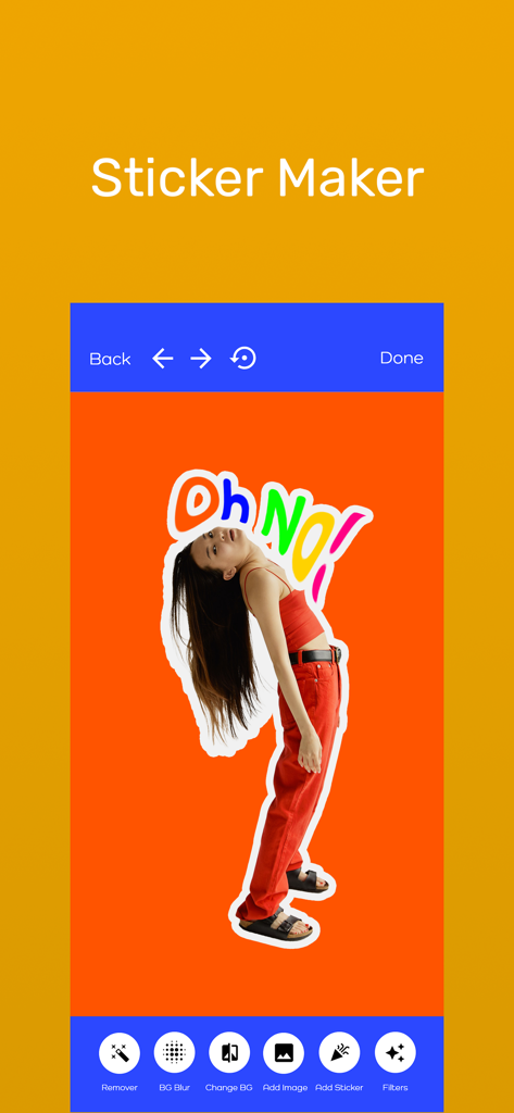Pixart AI Photo Editor - Pixart AI Photo Editor sticker maker interface showing a photo cutout with colorful text on an orange background