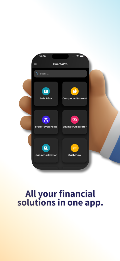CuentaPro: Finance & Business - Interfaz de la aplicación móvil CuentaPro que muestra herramientas financieras como Calculadora de Precio de Venta, Interés Compuesto y Ahorro