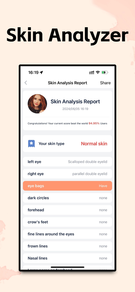 Face Analysis - AI Try Makeup - Interfaz de la aplicación móvil mostrando un informe detallado de análisis de piel IA con tipo de piel y evaluaciones de rasgos faciales.