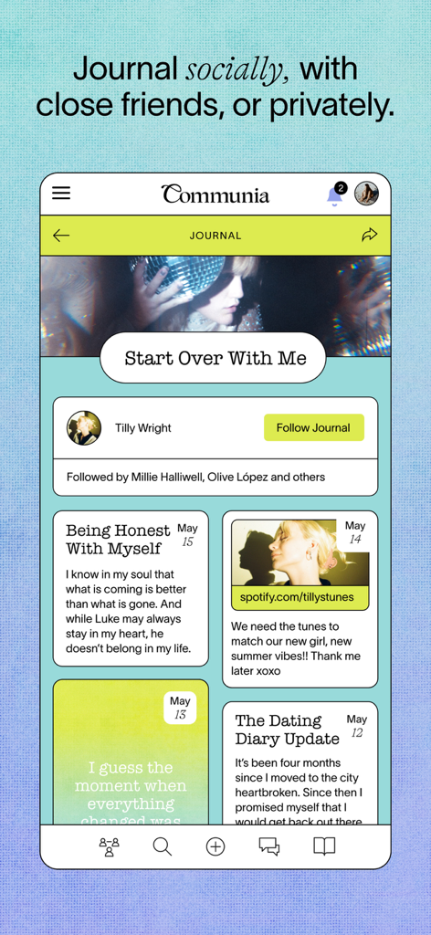 Une capture d'écran de l'écran du journal de l'application Communia montrant des entrées de journal sociales et privées pour les femmes et les personnes non binaires.