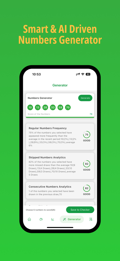 SuperEnalotto app screen showing AI-driven number generator with frequency and analytics data