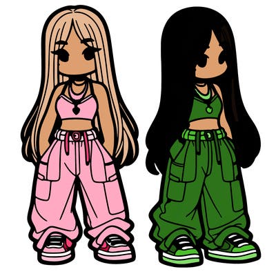 girl in baggy pants crop top and long hair