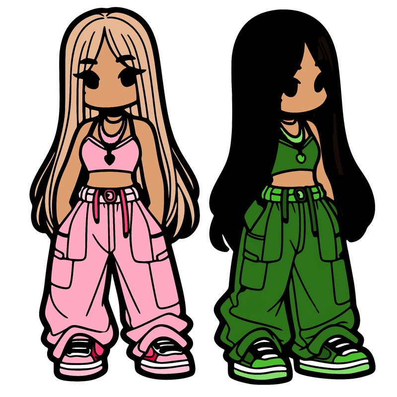 girl in baggy pants crop top and long hair