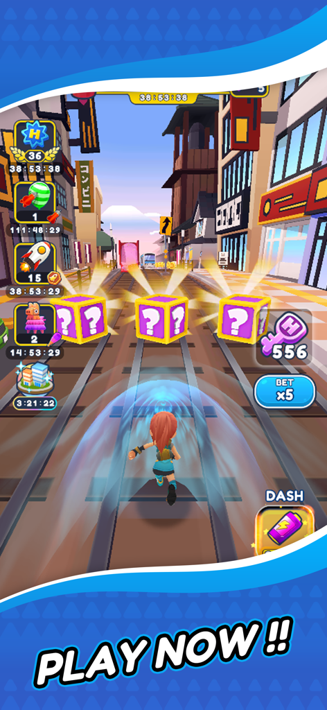 Rich Hero Go - A character running on city tracks toward three glowing mystery boxes in Rich Hero Go