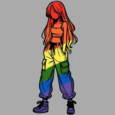 girl in baggy pants crop top and long hair