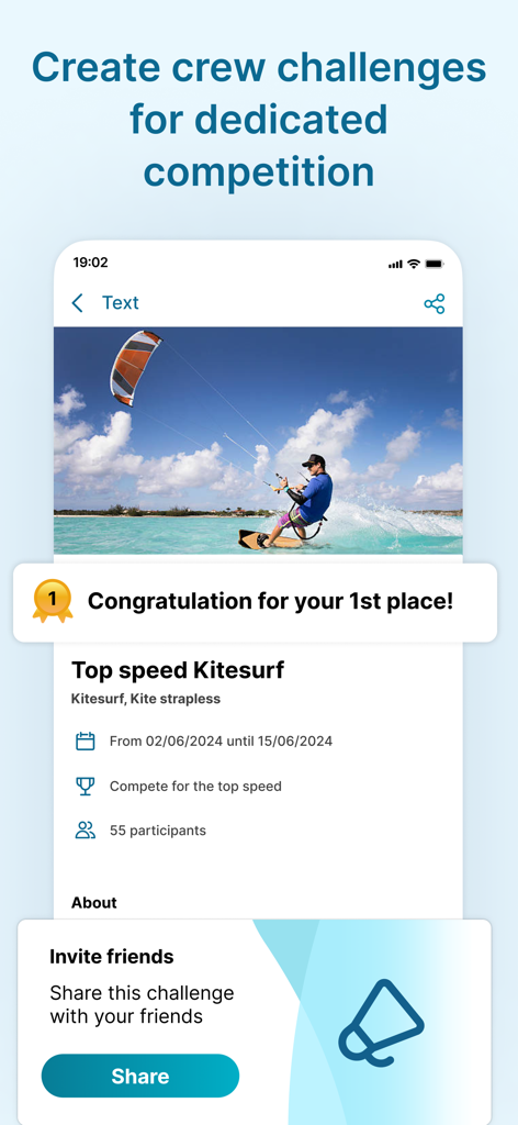 Waterspeed app interface for creating and sharing watersports crew challenges