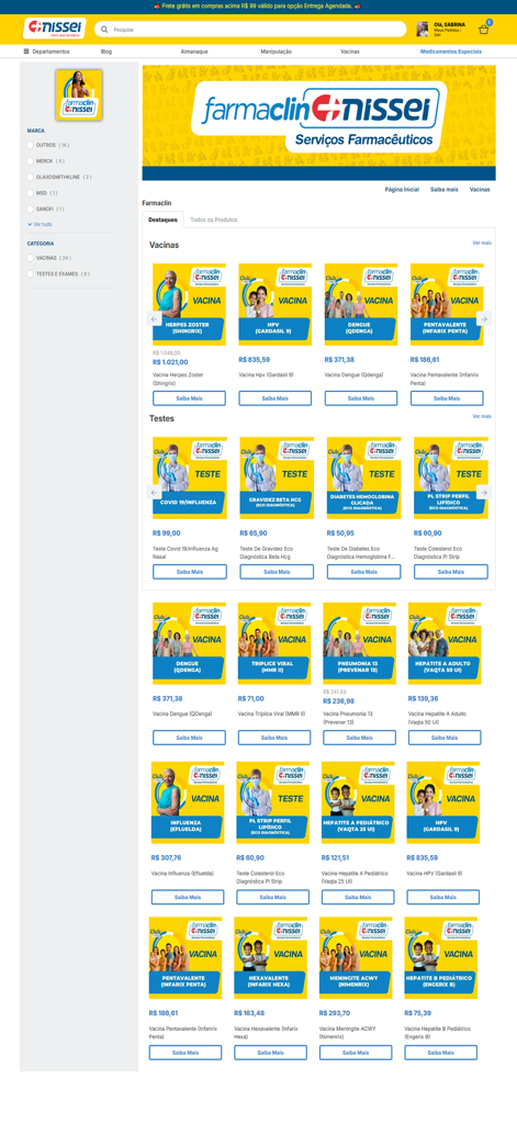 Farmácias Nissei - Interface do aplicativo Nissei mostrando uma variedade de vacinas e exames clínicos com preços e detalhes