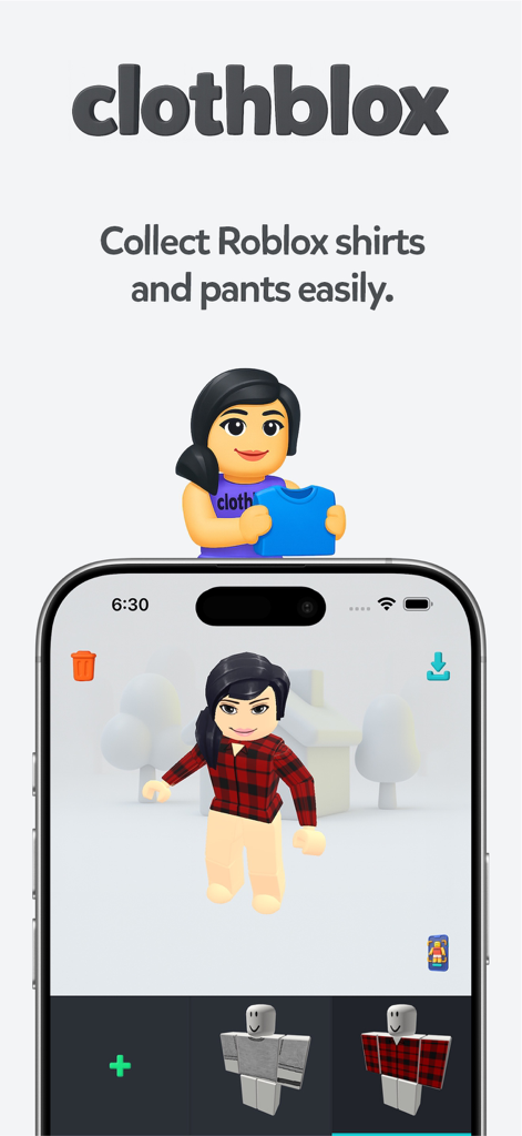 Una captura de pantalla de la interfaz de la aplicación ClothBlox que muestra una vista previa de avatar de Roblox en 3D con ropa personalizada.
