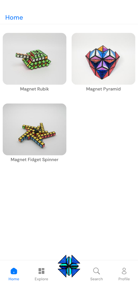 TOSY Magnet Play - The home screen of the TOSY Magnet Play app showcasing various 3D building designs for magnetic toys including a tank and a pyramid.