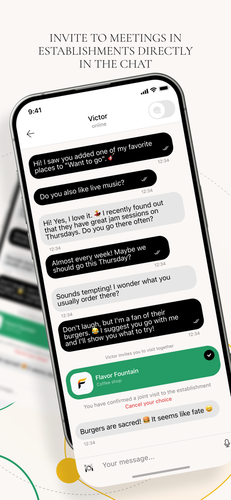 F date&eat - F date and eat app chat interface showing a direct meeting invitation to a local coffee shop called Flavor Fountain