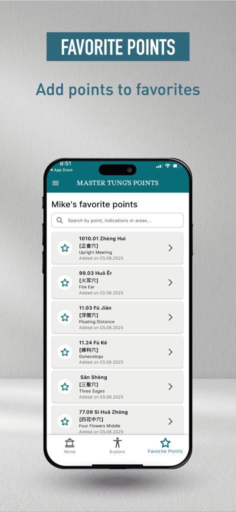 Master Tung's points - A screenshot of the favorite points feature in the Master Tung's points app showing a saved list of acupuncture points for quick clinical reference