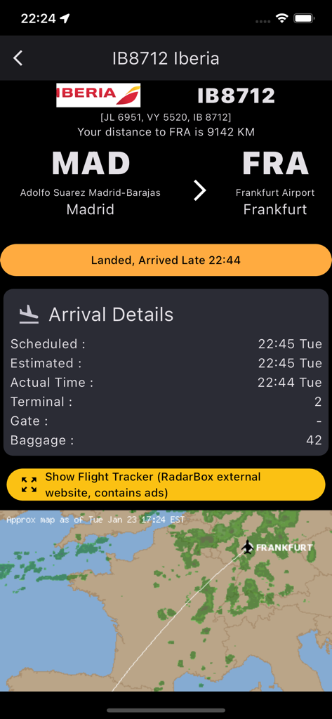 London Heathrow Airport app screen showing flight arrival details including terminal baggage claim and real time status