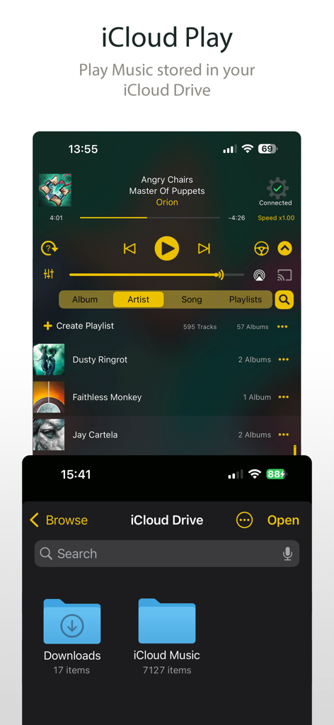 MusicStreamer app screenshot showing music playback from iCloud Drive with player controls and folder view.