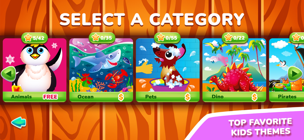 QUOKKA: Toddlers' Puzzle Games - Écran de sélection de catégorie dans Quokka Toddler Puzzle Games montrant des thèmes comme les Animaux, l'Océan et les Dinosaures.