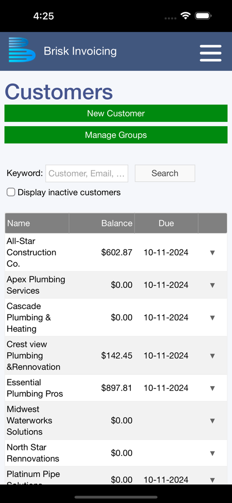 Brisk Invoicing - Brisk Invoicing customer list showing company names balances and payment due dates