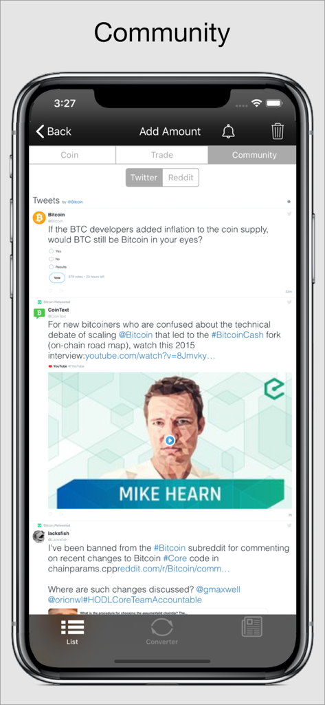 Cryptomaniac - Cryptomaniac app community screen showing integrated Twitter and Reddit feeds for Bitcoin