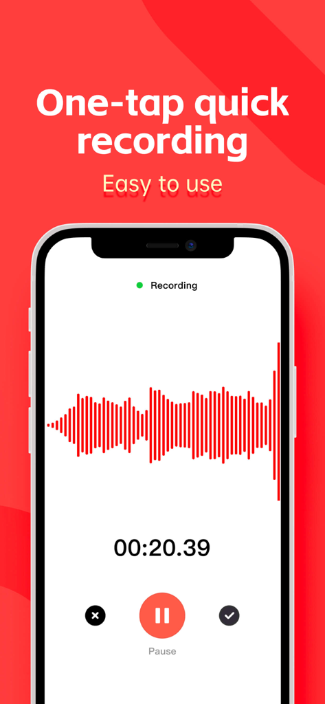 AI voice translator app interface showing a one-tap quick recording screen with a red waveform and timer.