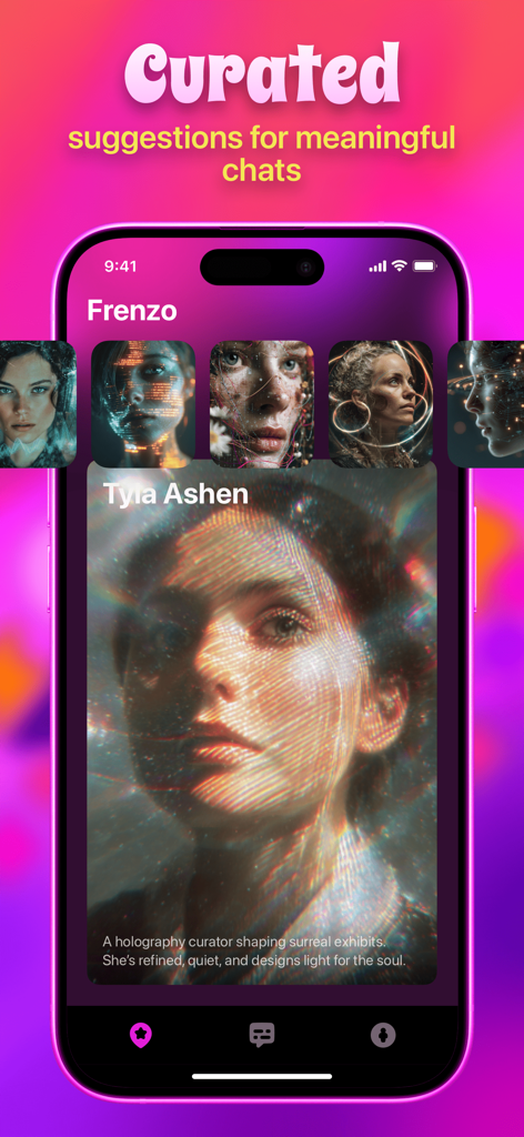 Frenzo - Chat, Connect & Cheer - Frenzo app screen displaying curated AI character profiles for personalized conversations.