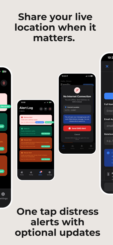 Interface do usuário do aplicativo Beep Safe exibindo o log de alertas e opções de sinal de socorro com um toque.