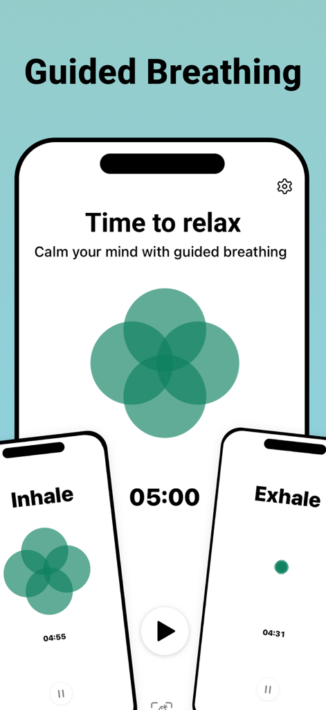 Interfaz de la aplicación Suavita que muestra un ejercicio de respiración guiada para la relajación y la atención plena