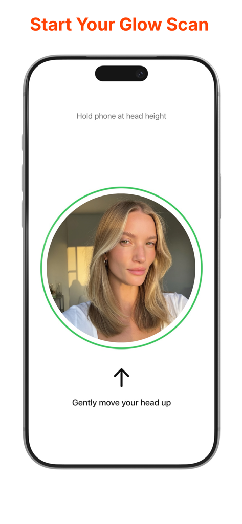 iPhone screen showing the Glemi app glow scan feature with a circular face frame for AI skin analysis