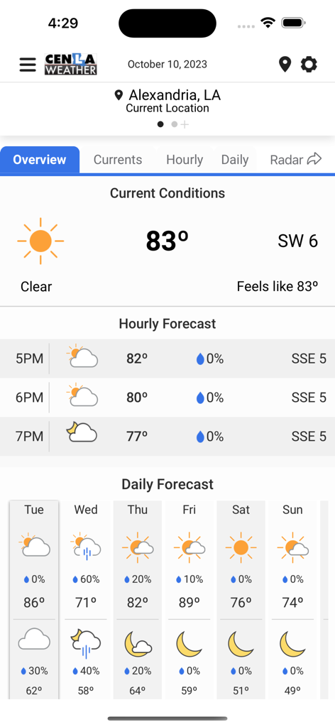 CenLa Weather app interface showing current conditions hourly and daily forecasts for Alexandria Louisiana
