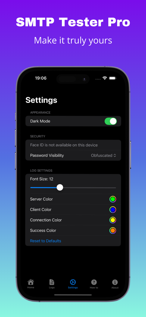 SMTP Tester Pro app settings screen showing dark mode toggle and log appearance customization options