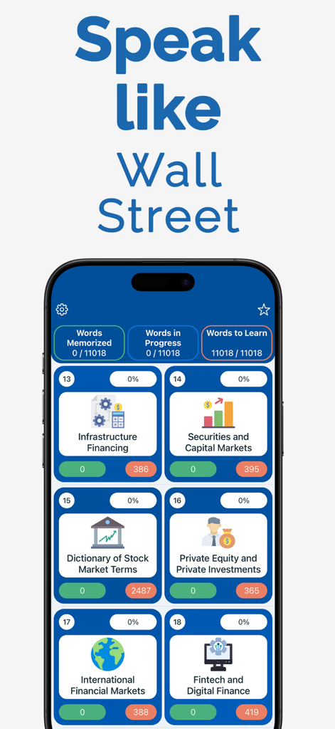 Financial English: Learn Words - Mobile app interface for learning financial English words with professional categories and progress tracking