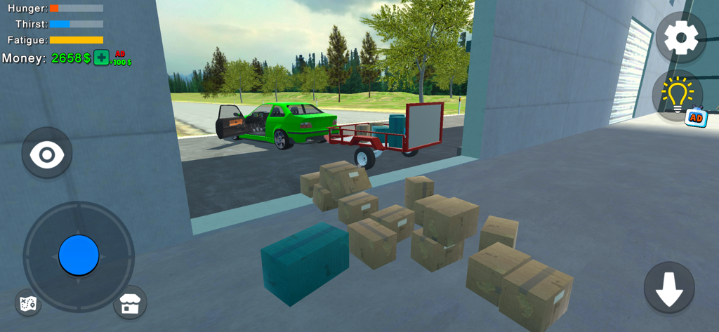 My First Summer Car: Mechanic - Un coche verde con un remolque y varias cajas de cartón para una misión de entrega en un simulador de mecánica en primera persona.