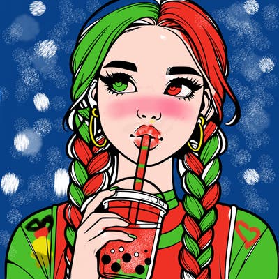 realistic girl with braided hair drinking boba