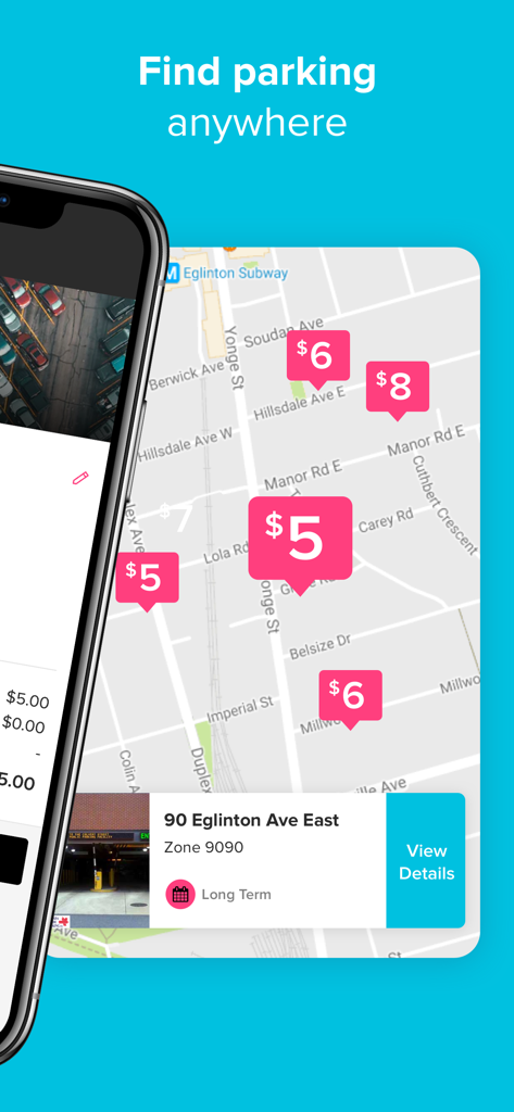 HonkMobile app interface displaying available parking spots with prices on a map.