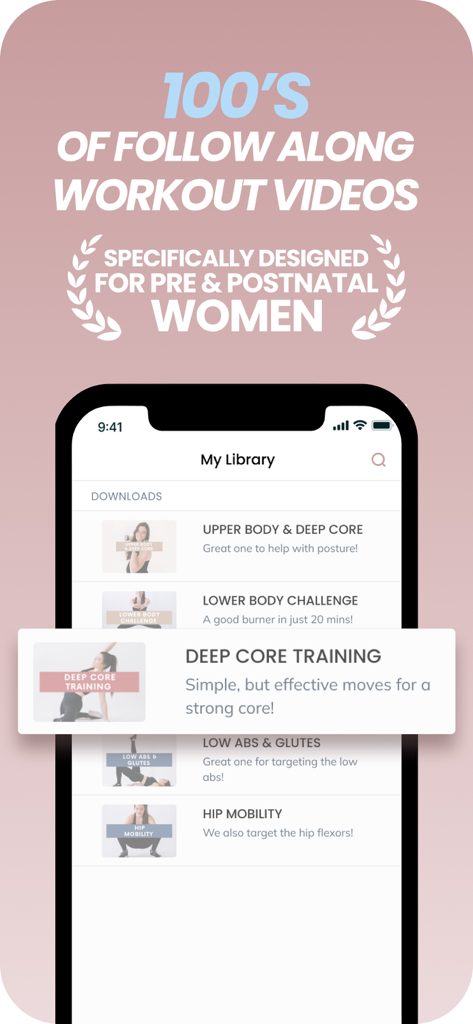 Good for the Swole - Good for the Swole app interface showing a library of follow along workout videos for pre and postnatal women