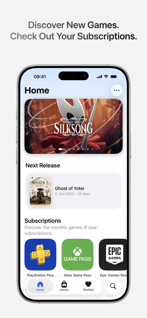 Gamery - Track Your Games - Écran d'accueil de l'application Gamery présentant les jeux à venir et le suivi des abonnements pour PlayStation Plus et Xbox Game Pass