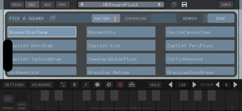 SNESynth: Chiptune Power! - SNESynth app interface showing a list of factory sound presets for chiptune music production.