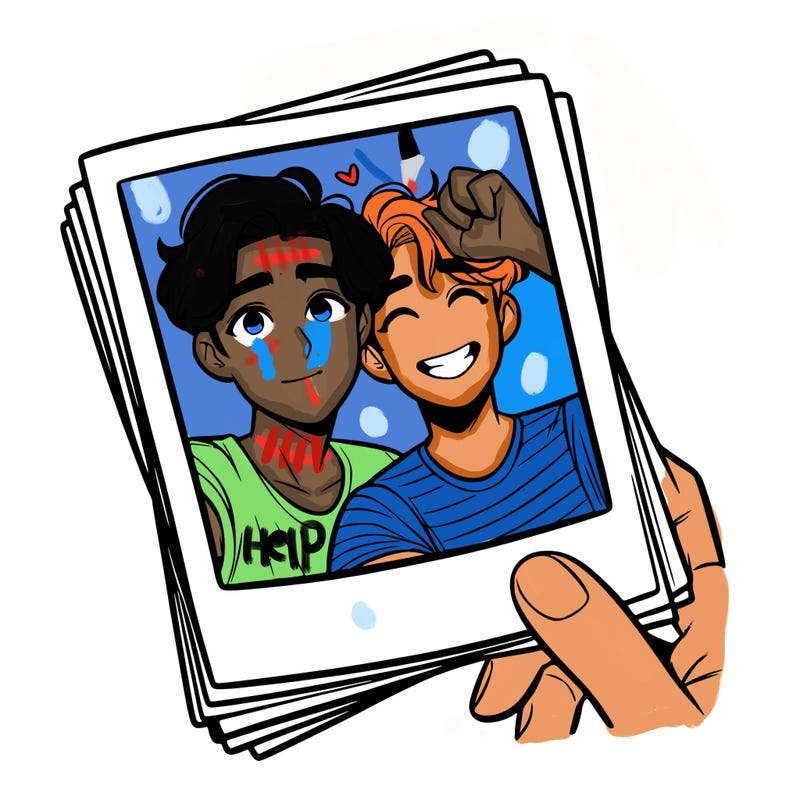 realistic, best friends taking a polaroid picture