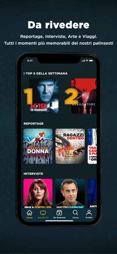 La7 - Schermata principale dell'app La7 che mostra contenuti video on demand, inclusi reportage e interviste.