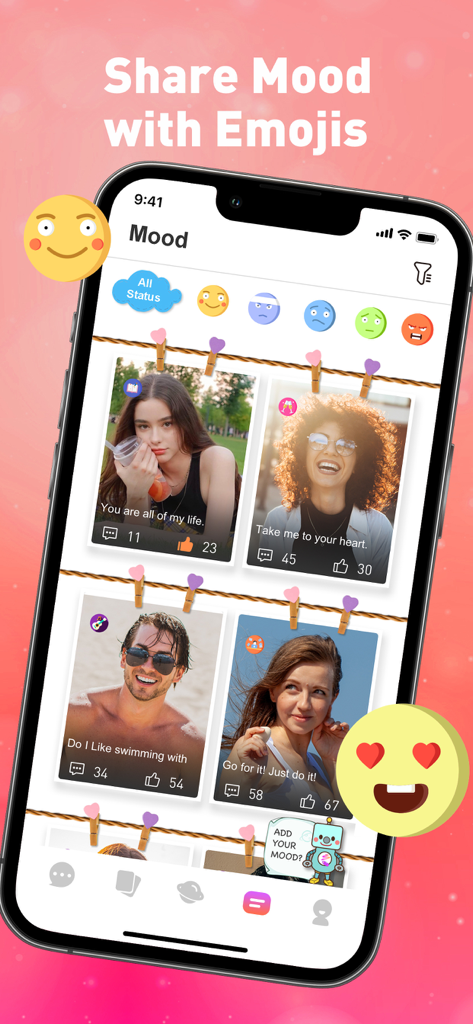 Interfaz de la aplicación de citas HMU mostrando la función Compartir Estado de Ánimo con Emojis con fotos de perfil de usuario y selectores de estado de ánimo.