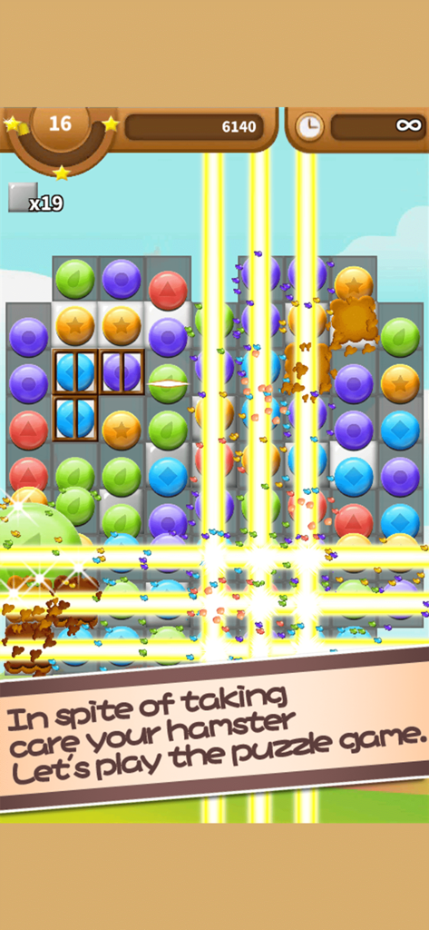 Hamster Life - Match-3 puzzle game screen in Hamster Life with colorful icons and light beams
