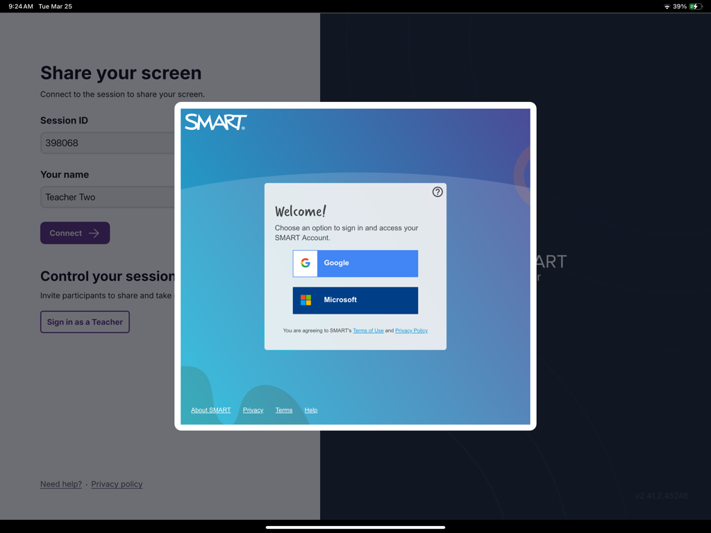 Welcome screen for SMART Mirror app showing sign-in options for Google and Microsoft accounts.