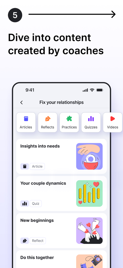 AddMileアプリで人間関係のコーチング記事、クイズ、練習を示す画面