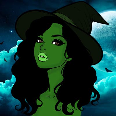realistic witch girl with wavy hair and lips