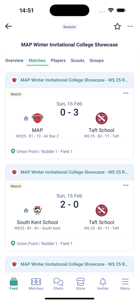 Tapin Sports - Soccer tournament match results and scores display on Tapin Sports app