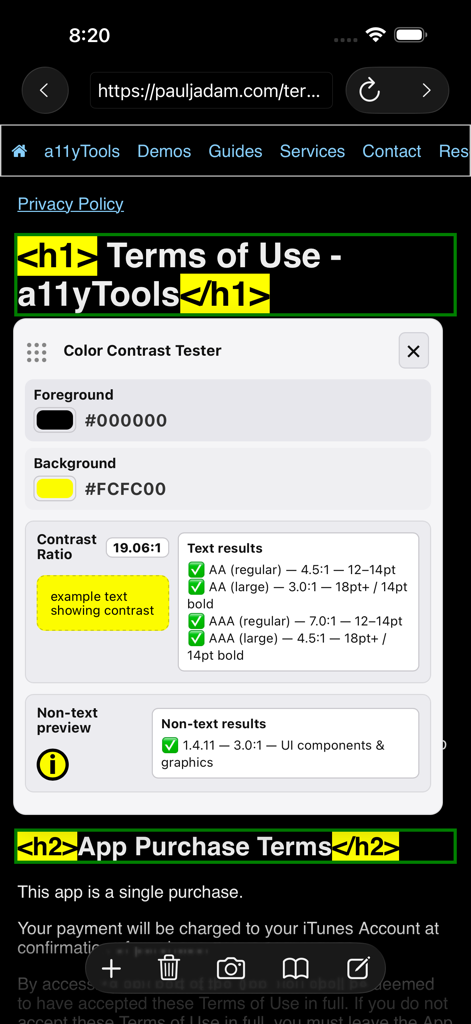 a11yTools - Web Accessibility - a11yTools interface showing color contrast ratio and highlighted headings on a mobile site