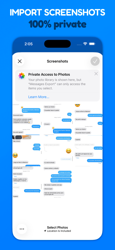 iPhone app interface showing private photo access for importing chat screenshots