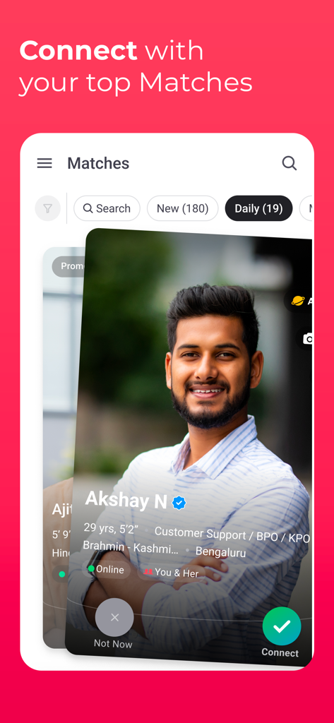Shaadi app screen showing a potential match profile with connect and skip options