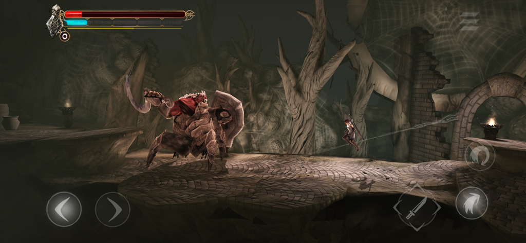 A warrior character leaping to attack a large spider-like monster in a dark fantasy dungeon setting in Grimvalor.