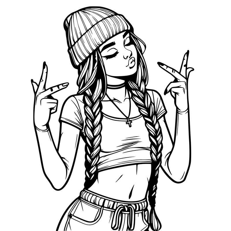 realistic teenage girl with braids and a beanie and crop top doing 🫶🏼